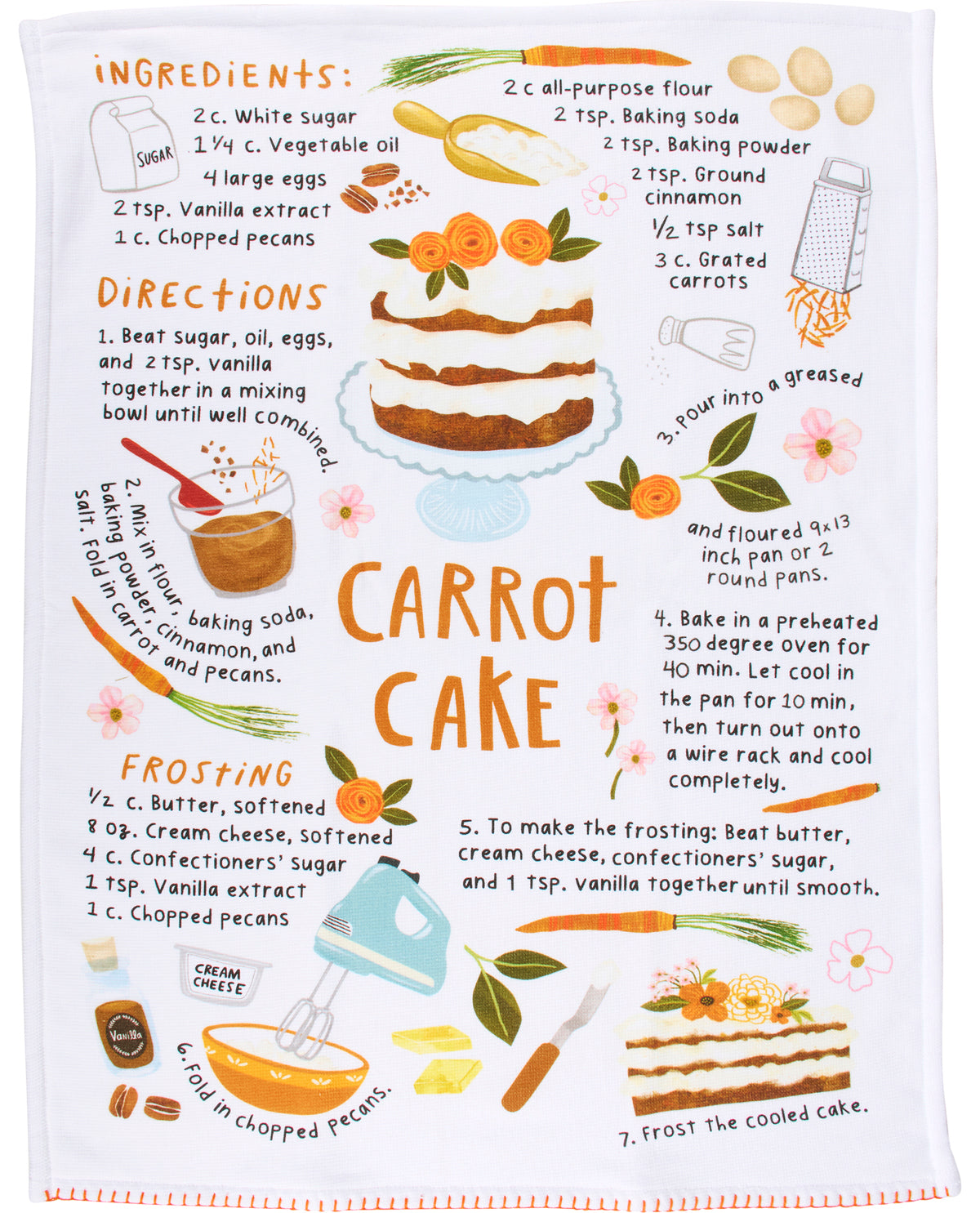 Carrot cake recipe towel with illustrations and text