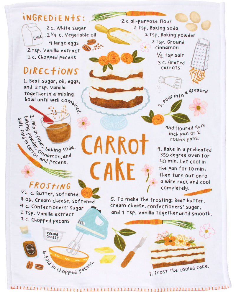 Carrot cake recipe towel with illustrations and text