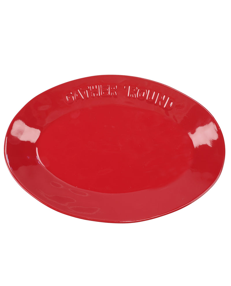 A glossy red oval serving platter with the words 'GATHER ROUND' embossed along the upper rim, shown on a plain white background.