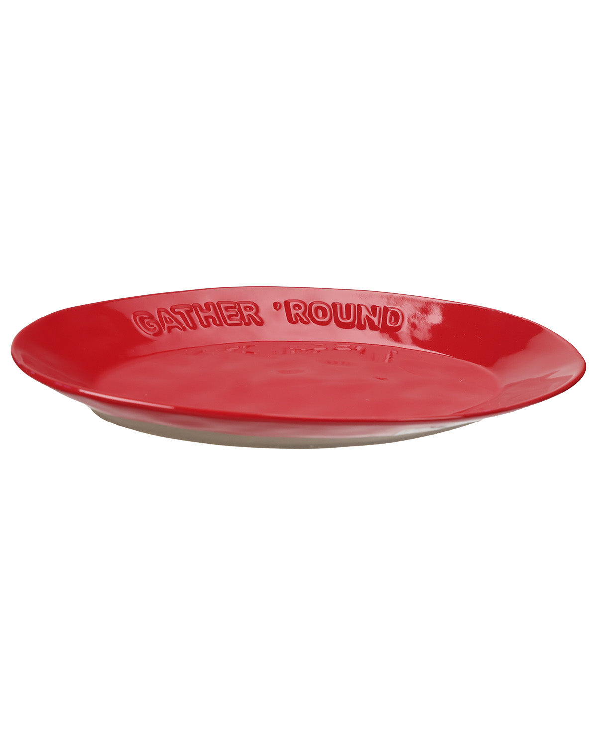 A red oval serving platter with the words 'GATHER 'ROUND' embossed on the rim, shown against a plain white background.