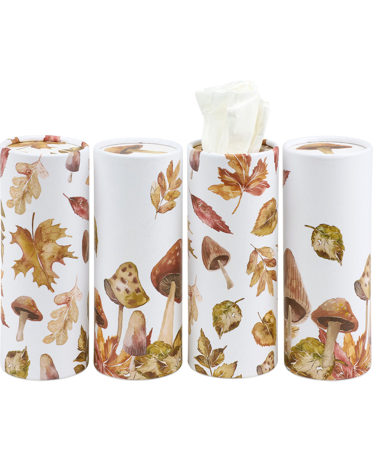 Set of four tissue boxes with autumn leaf and mushroom design on a white background