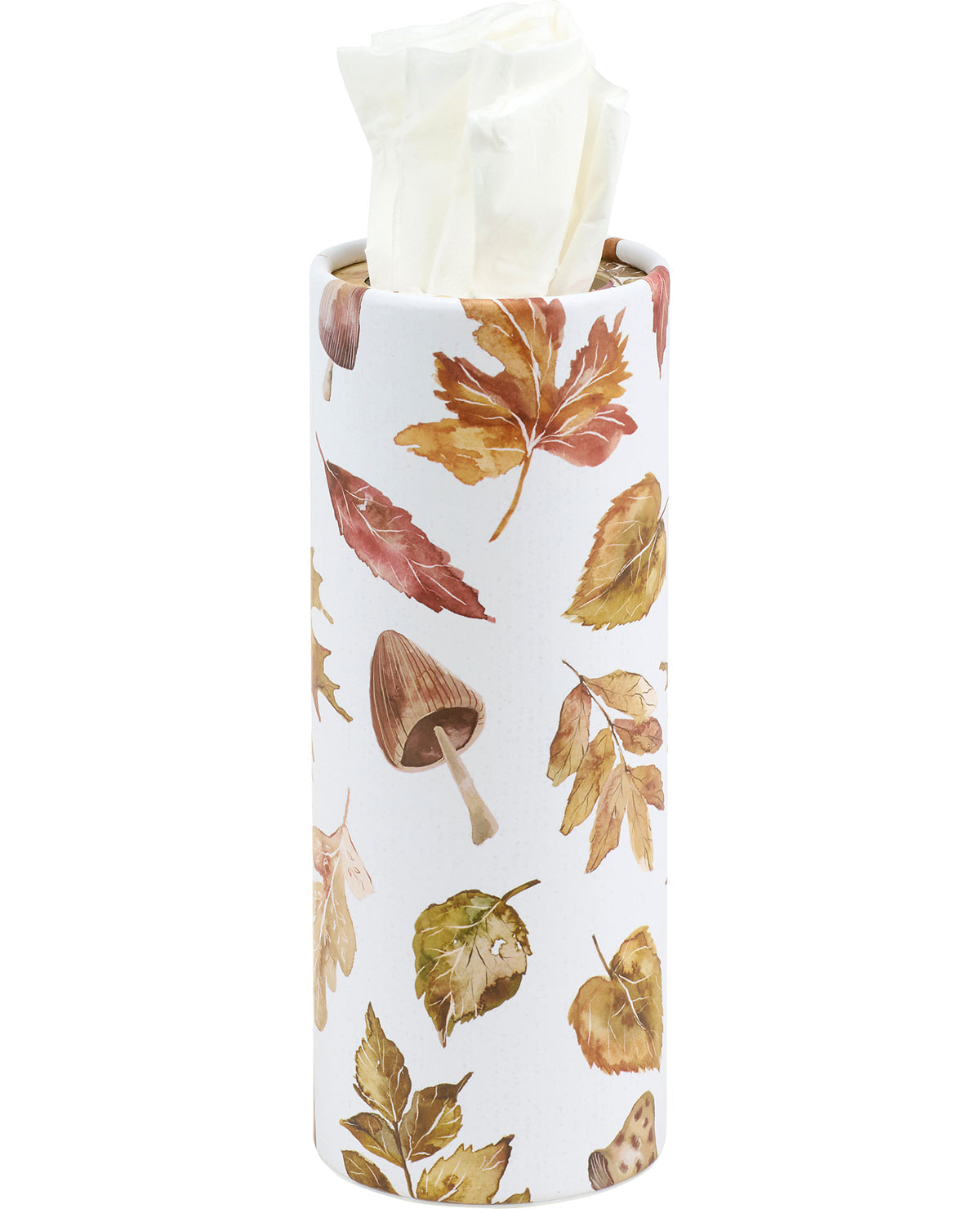 Tissue holder with autumn leaf design on a white background