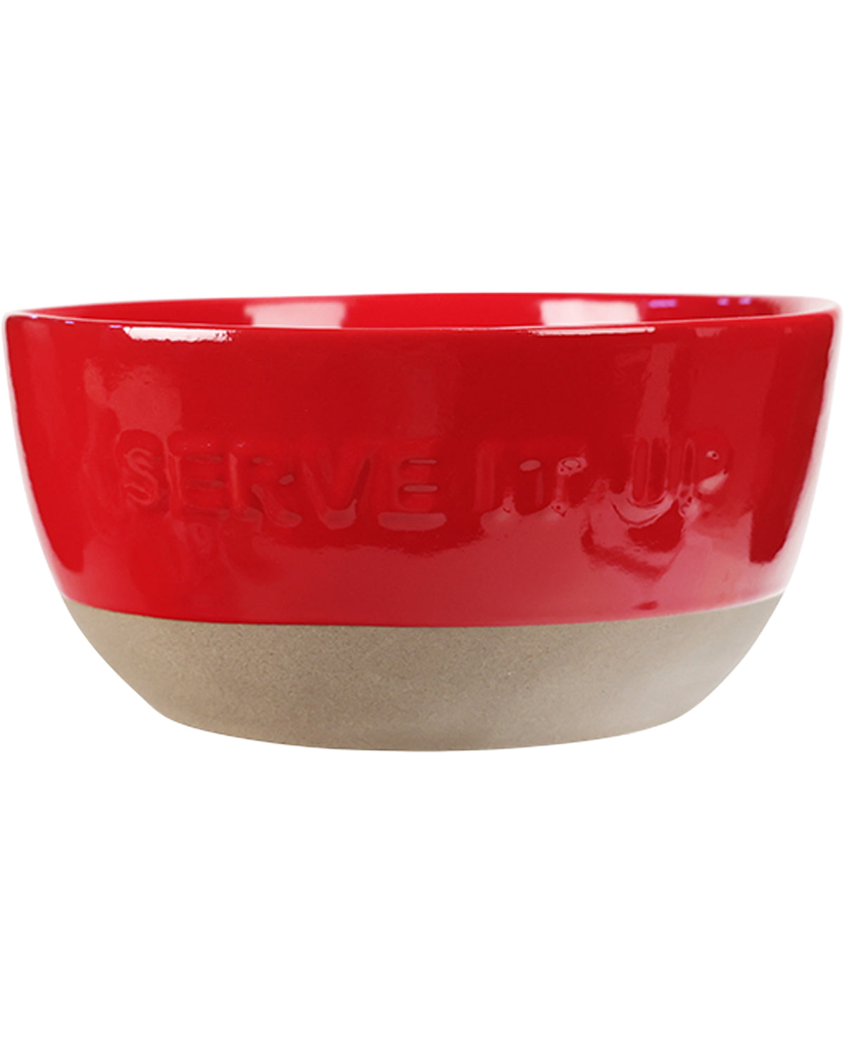 A ceramic bowl with a glossy red upper half and a matte beige lower half, featuring the embossed text 'SERVE IT UP' on the red section.
