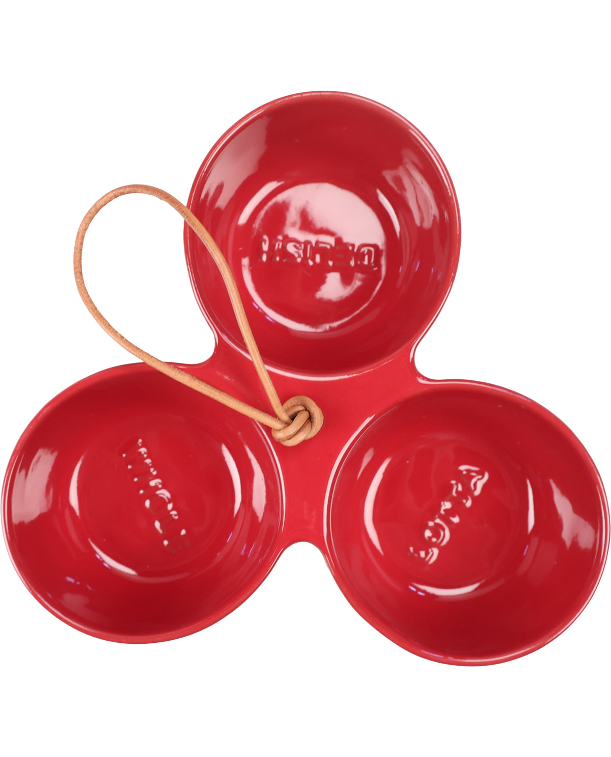 A red three-compartment appetizer bowl with a light tan hanging loop, shown on a plain white background.