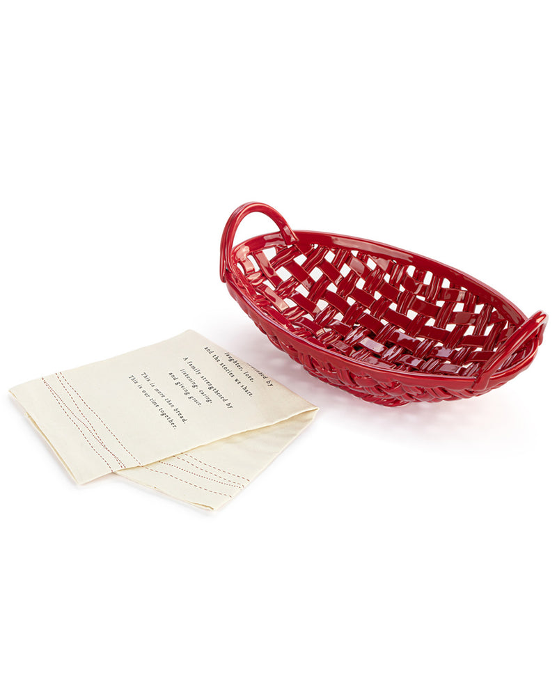 Red Ceramic Breadbasket & Towel