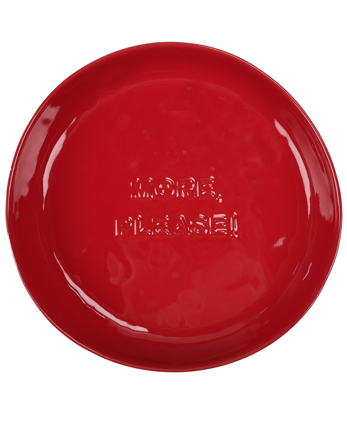 A glossy red ceramic plate with the embossed text 'MORE, PLEASE!' in the center, shown against a plain white background.