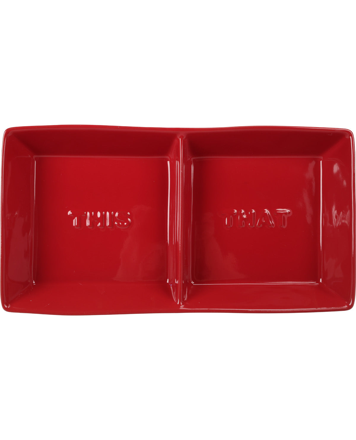 A red ceramic two-compartment divided plate with embossed lettering reading 'EAT' on the left compartment and 'EAT' on the right compartment, shown on a plain white background.