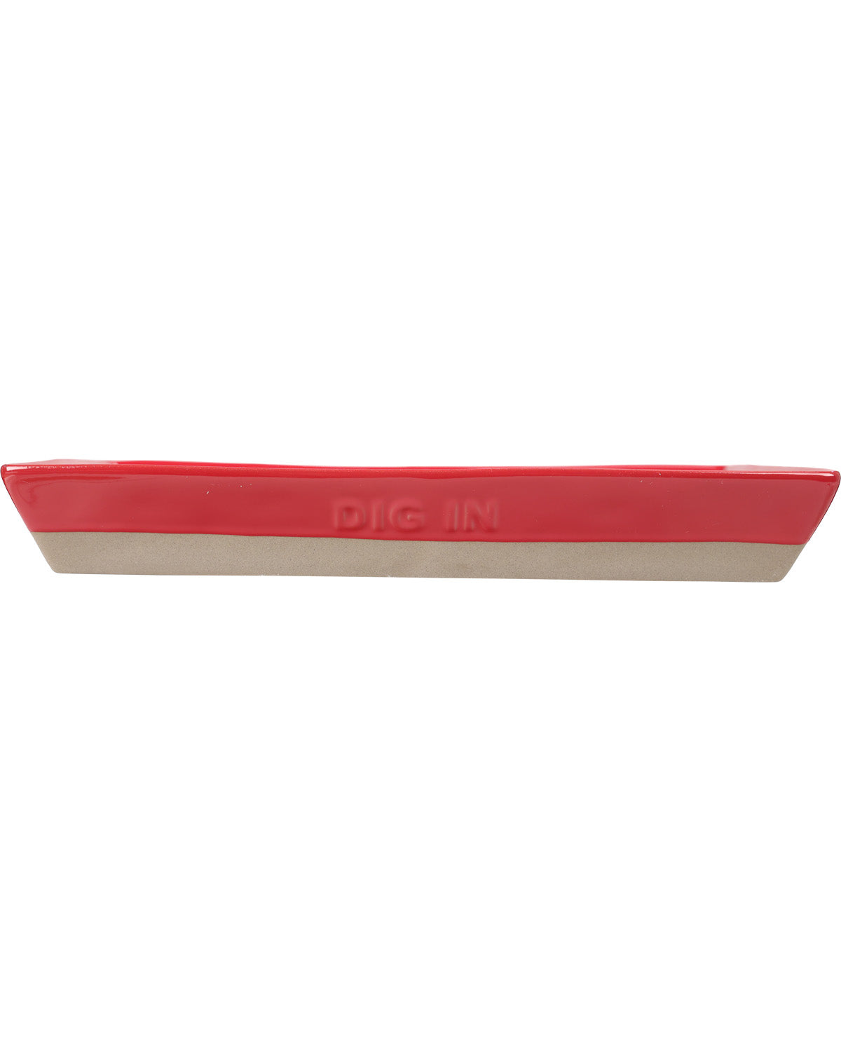 A rectangular ceramic bowl with a two-tone design, featuring a vibrant red top half and a light beige bottom half. The words 'DIG IN' are embossed in the center of the red section.