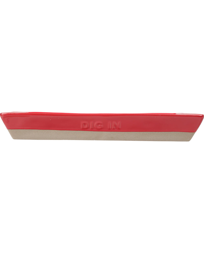 A rectangular ceramic bowl with a two-tone design, featuring a vibrant red top half and a light beige bottom half. The words 'DIG IN' are embossed in the center of the red section.