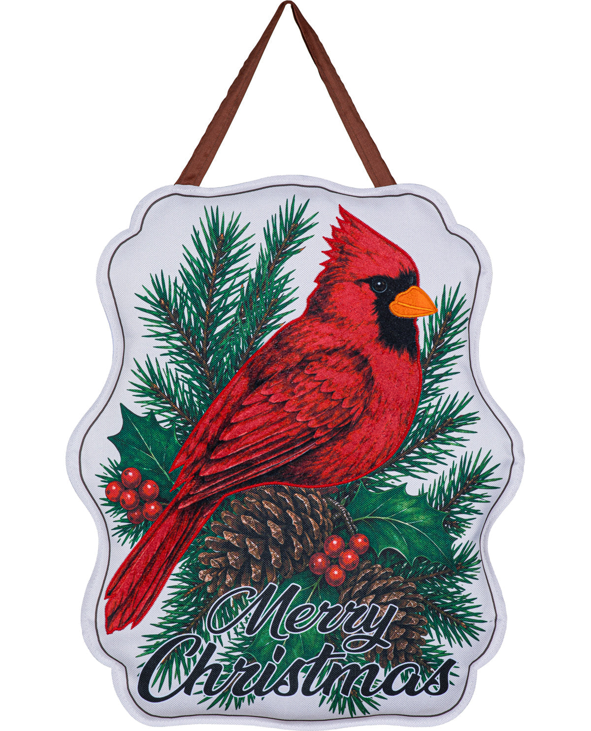A scalloped white Christmas wall sign featuring a red cardinal perched on pine branches with a pinecone and holly, and the words 'Merry Christmas' in black script. The sign has a brown hanging loop at the top and is shown on a plain white background.