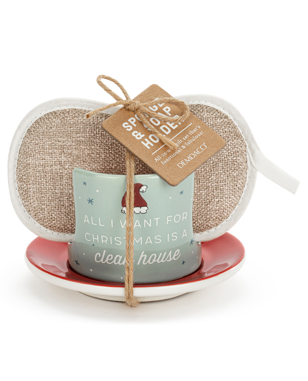 A holiday-themed cleaning set by Damoxct featuring a light blue mug with a Santa graphic and the phrase 'ALL I WANT FOR CHRISTMAS IS A clean house', a red and white dish, two beige microfiber cloths, and a kraft paper tag.
