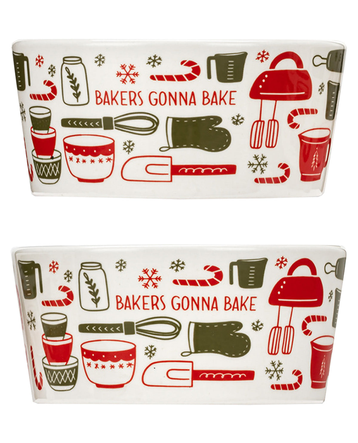 Two white rectangular baking pans with a festive holiday-themed print featuring red and green illustrations of measuring cups, mixing bowls, an oven, a hand mixer, candy canes, snowflakes, and the text 'BAKERS GONNA BAKE'.