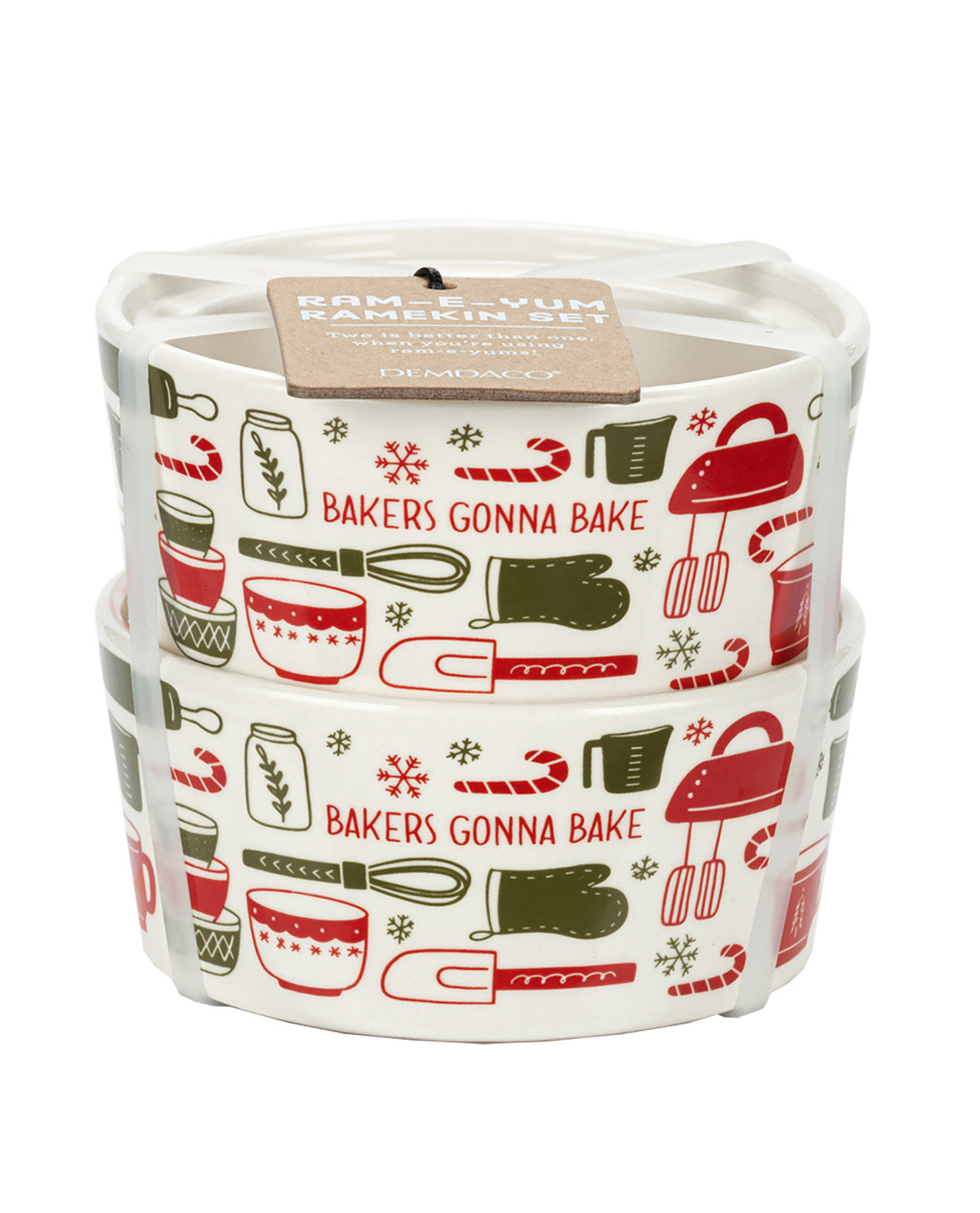 Three stacked ceramic baking dishes with a 'Bakers Gonna Bake' holiday theme, featuring red, green, and white illustrations of baking tools and candy canes on a white background.