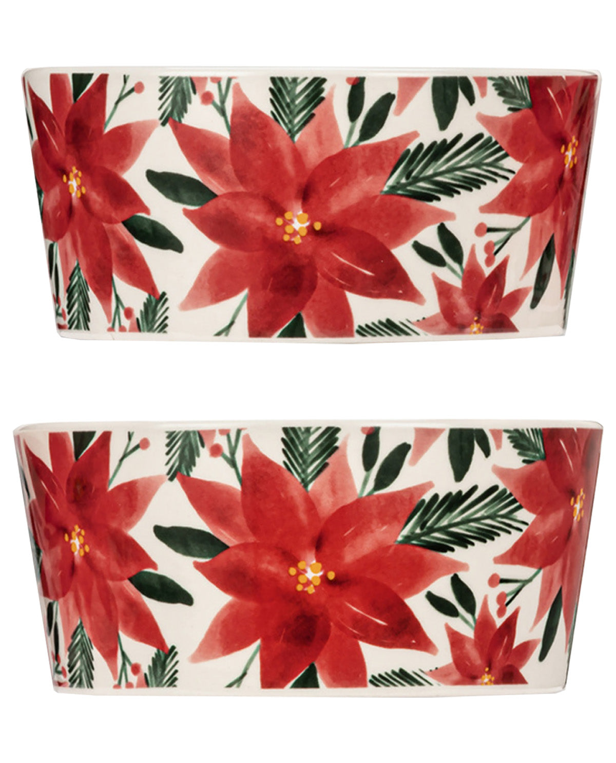 Two rectangular ceramic bowls with a festive red poinsettia and green leaf pattern on a white background, shown against a plain white backdrop.