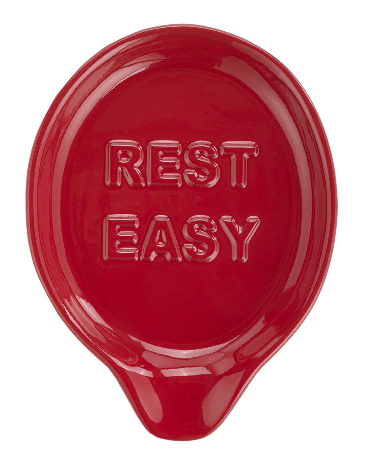 A glossy red ceramic spoon rest with the words 'REST EASY' embossed in the center, shown on a plain white background.