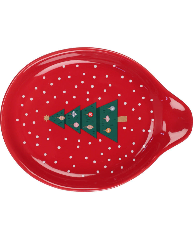 A red ceramic Christmas-themed serving platter with a green tree design and white polka dots, shown on a plain white background.