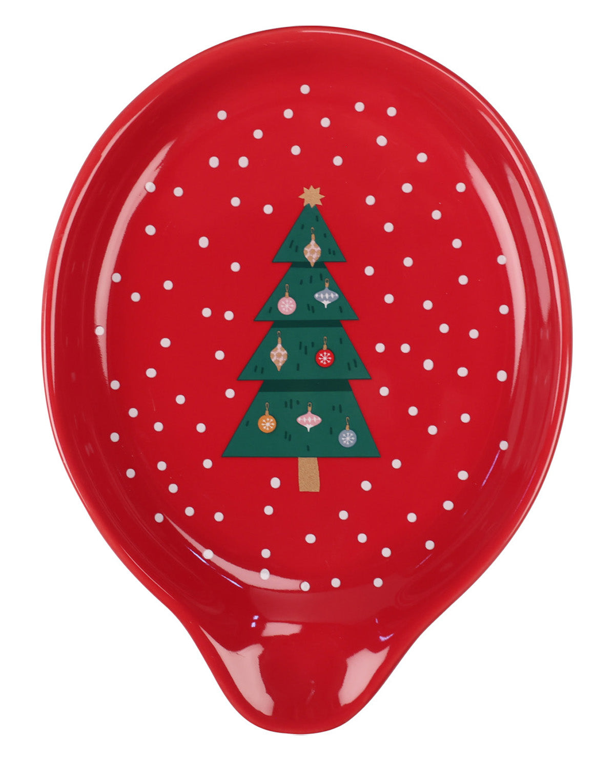 A red holiday-themed oval tray with a small spout at the bottom, decorated with white polka dots and a green Christmas tree in the center.