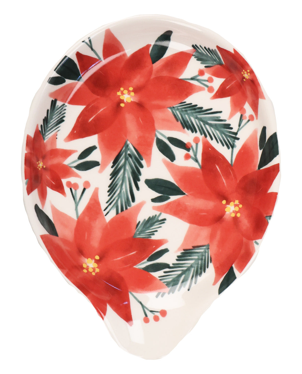 A teardrop-shaped ceramic dish featuring a festive watercolor design of red poinsettias and green pine needles on a white background.