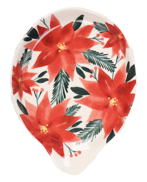 A teardrop-shaped ceramic dish featuring a festive watercolor design of red poinsettias and green pine needles on a white background.