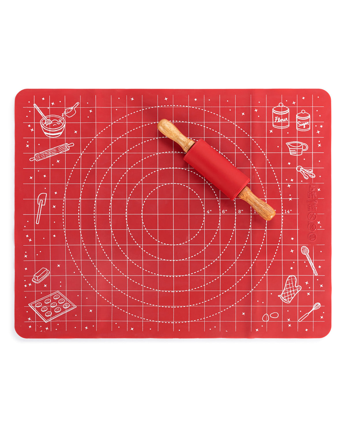 A red silicone baking mat with white grid lines, measurement circles, and baking utensil illustrations, shown with a matching red rolling pin on a white background.