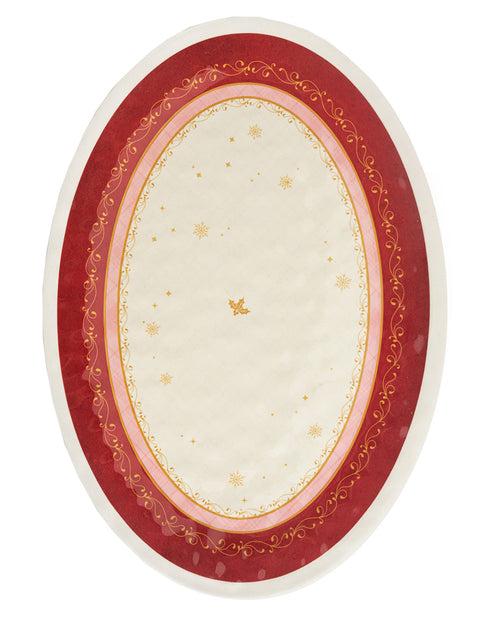 An oval decorative plate or tray with concentric bands: a wide dark red outer ring, a pale pink band, and a cream center with small gold floral and star motifs, shown on a white background.
