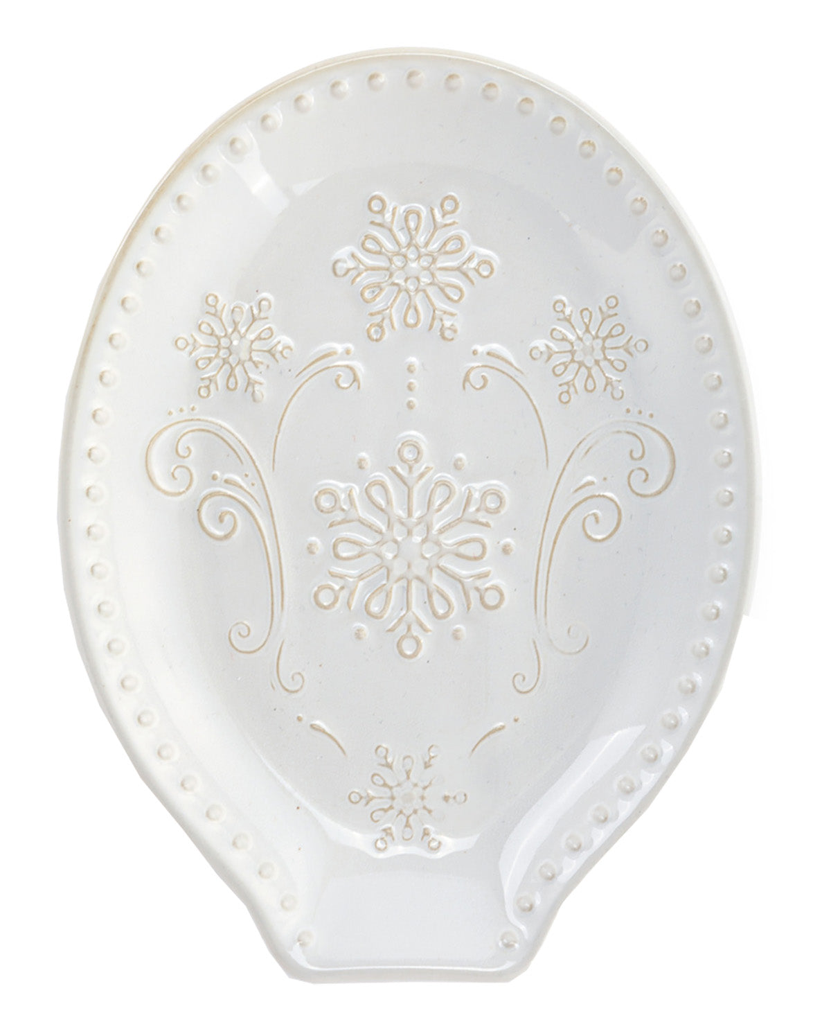 A white ceramic serving platter with embossed floral and scroll motifs, a beaded rim, and a small integrated dish at the bottom, shown on a plain white background.