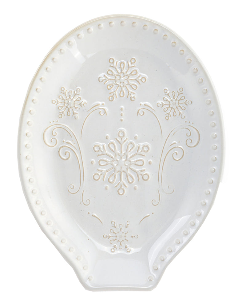 A white ceramic serving platter with embossed floral and scroll motifs, a beaded rim, and a small integrated dish at the bottom, shown on a plain white background.