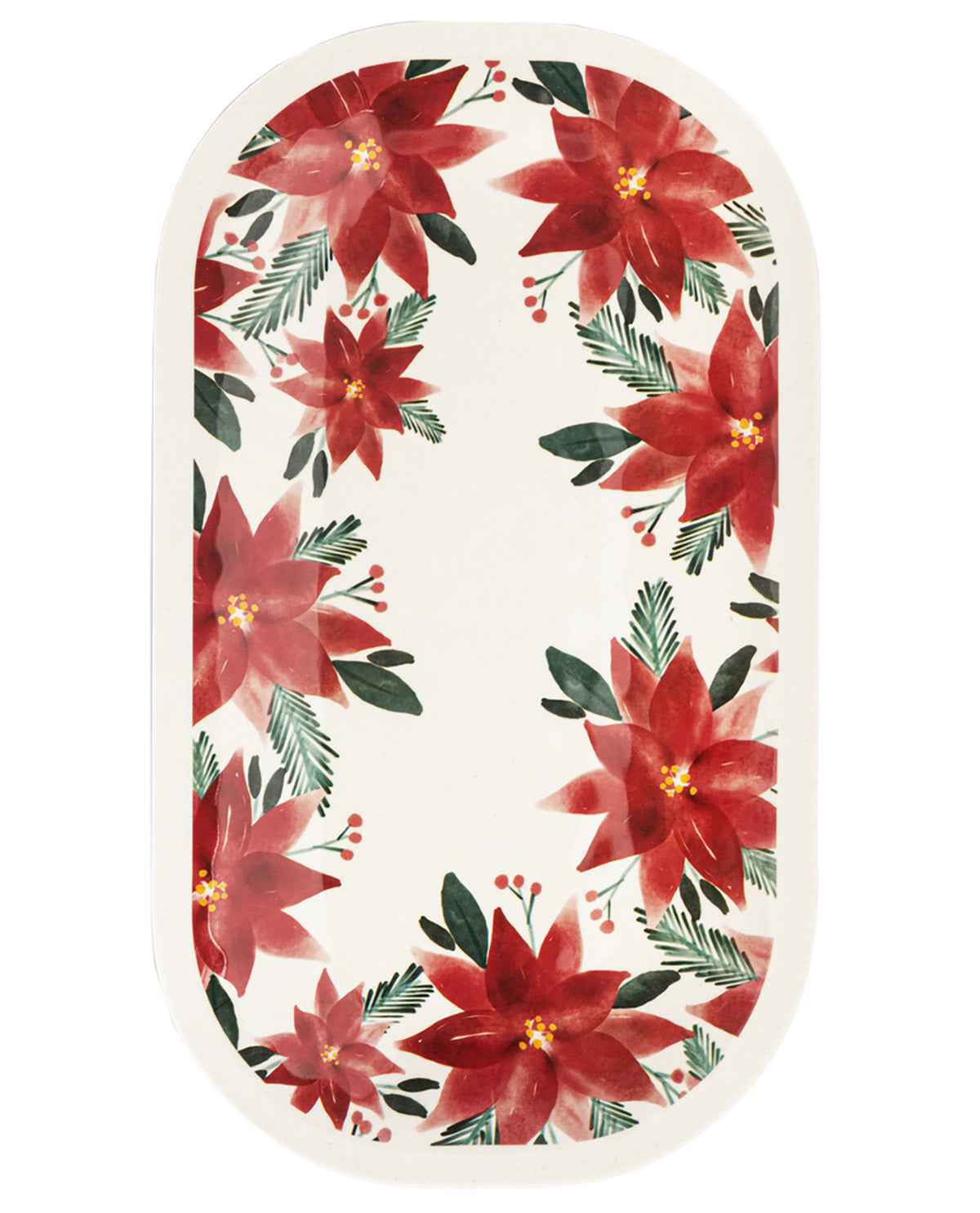 An oval white serving tray with a festive watercolor design of red poinsettias and green pine branches around the border, set against a plain white background.