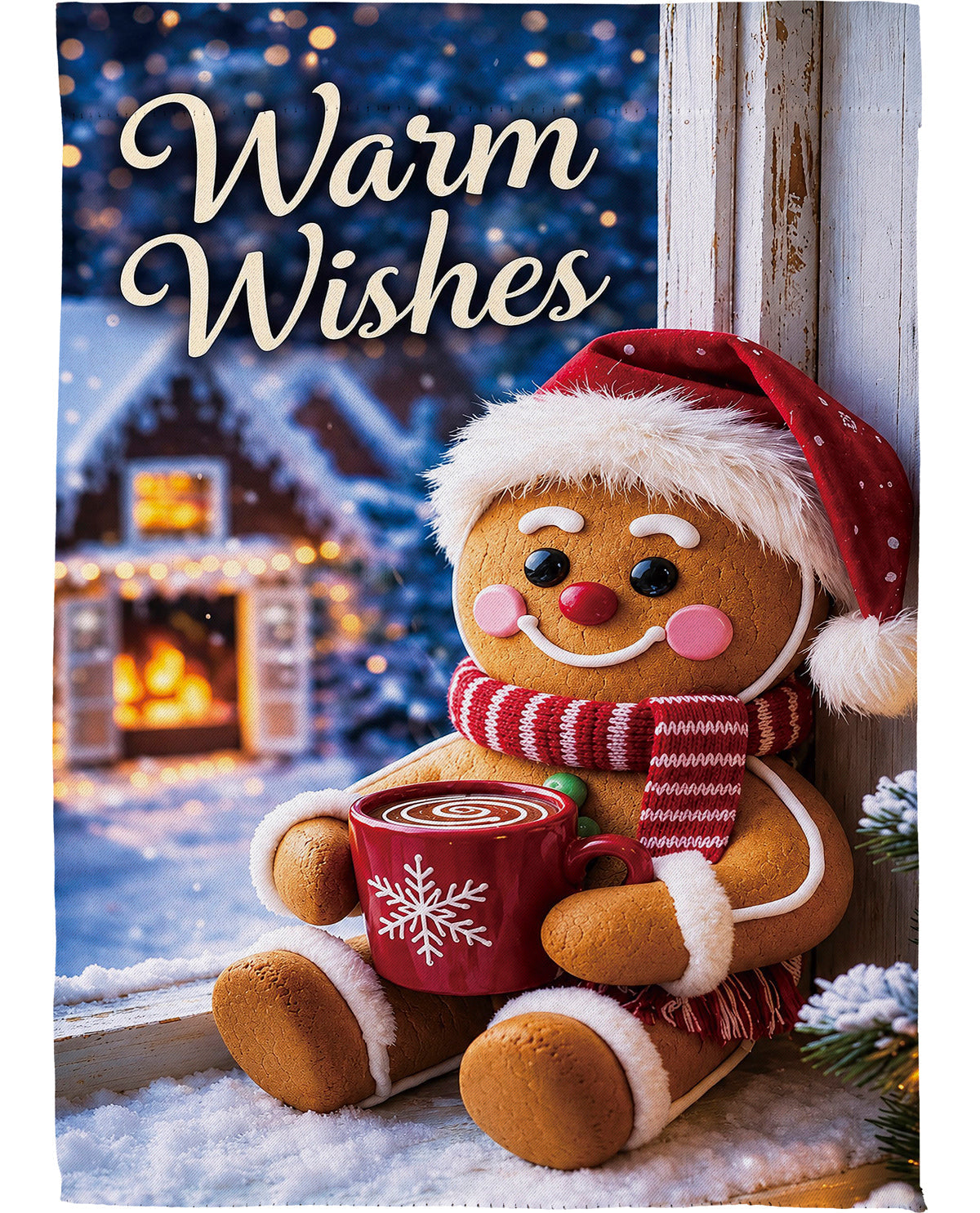 A festive Christmas-themed print or card featuring a gingerbread man doll wearing a red Santa hat and striped scarf, sitting by a snowy window and holding a red mug with a snowflake. The words 'Warm Wishes' appear at the top, with a cozy lit fireplace and snow-covered house in the background.