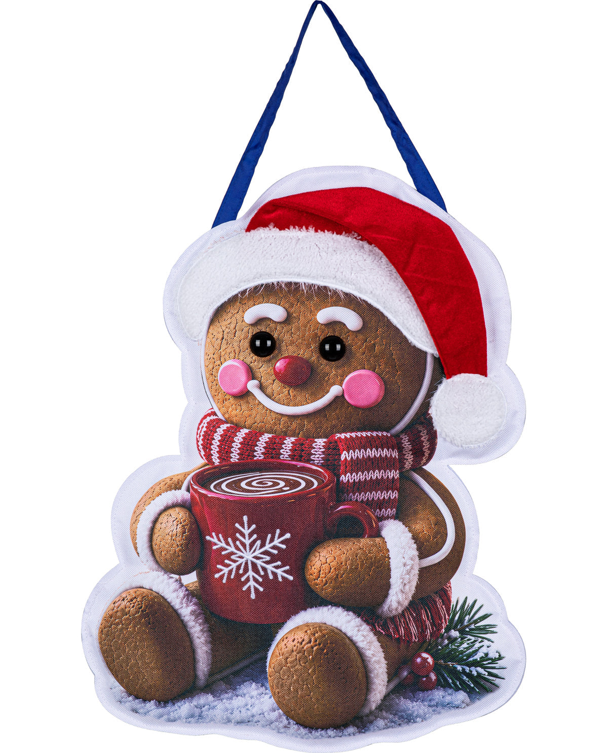A festive gingerbread man Christmas hanging decoration featuring a brown gingerbread figure wearing a red Santa hat and striped scarf, holding a red mug with a white snowflake, on a white background with a blue hanging strap.
