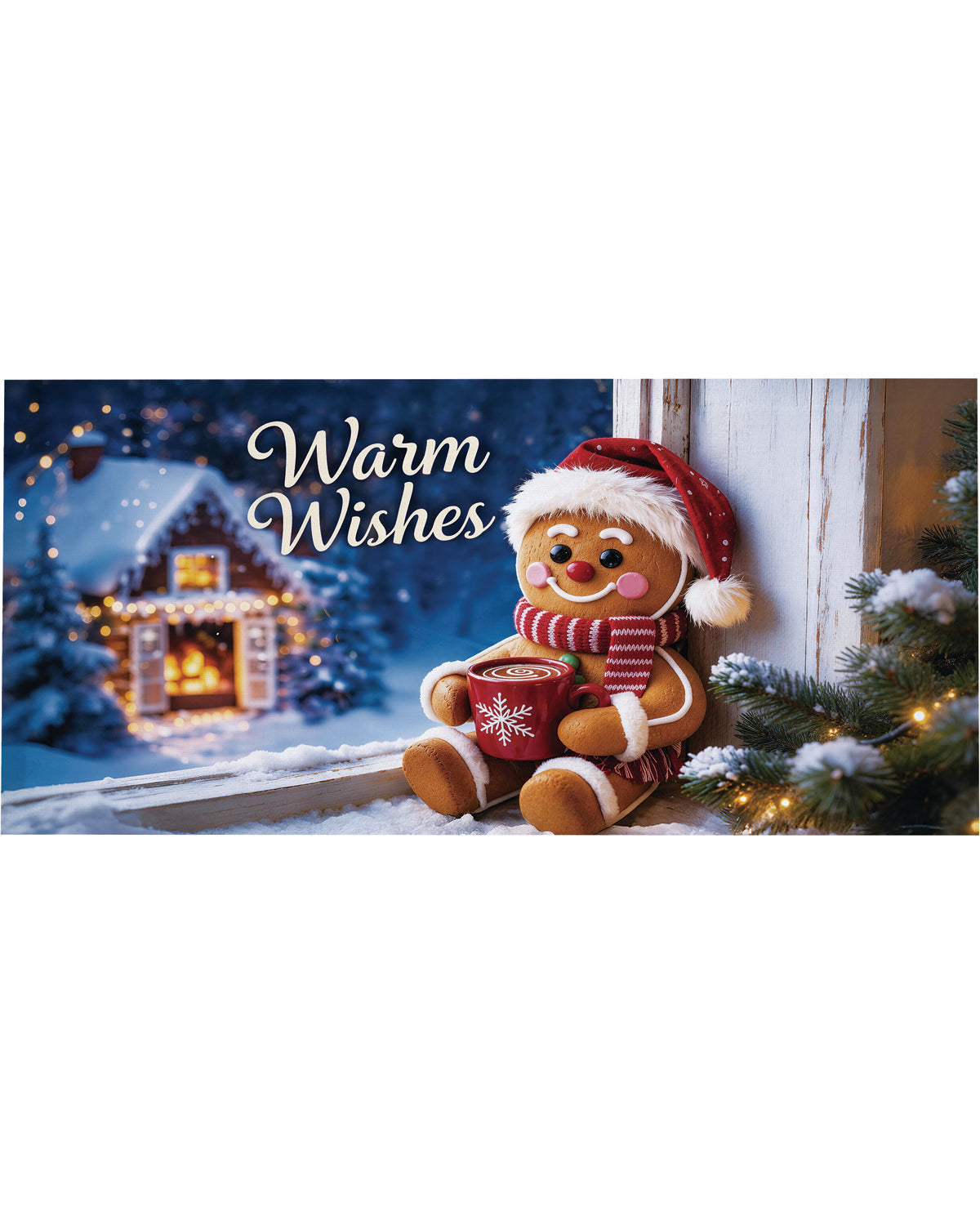 A festive Christmas-themed banner or sign featuring a gingerbread man plush wearing a red Santa hat and striped scarf, sitting by a snowy window and holding a red mug. The background shows a cozy lit winter house and Christmas tree, with the text 'Warm Wishes' in white script.