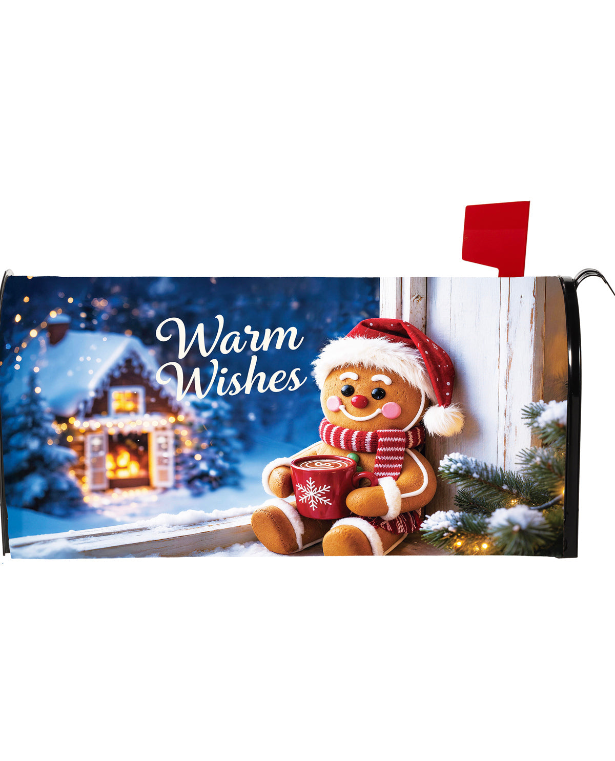 A festive holiday mailbox cover featuring a gingerbread man in a red Santa hat and striped scarf holding a red mug, next to a snowy house scene and the words 'Warm Wishes.' A red flag is attached to the mailbox on a white background.