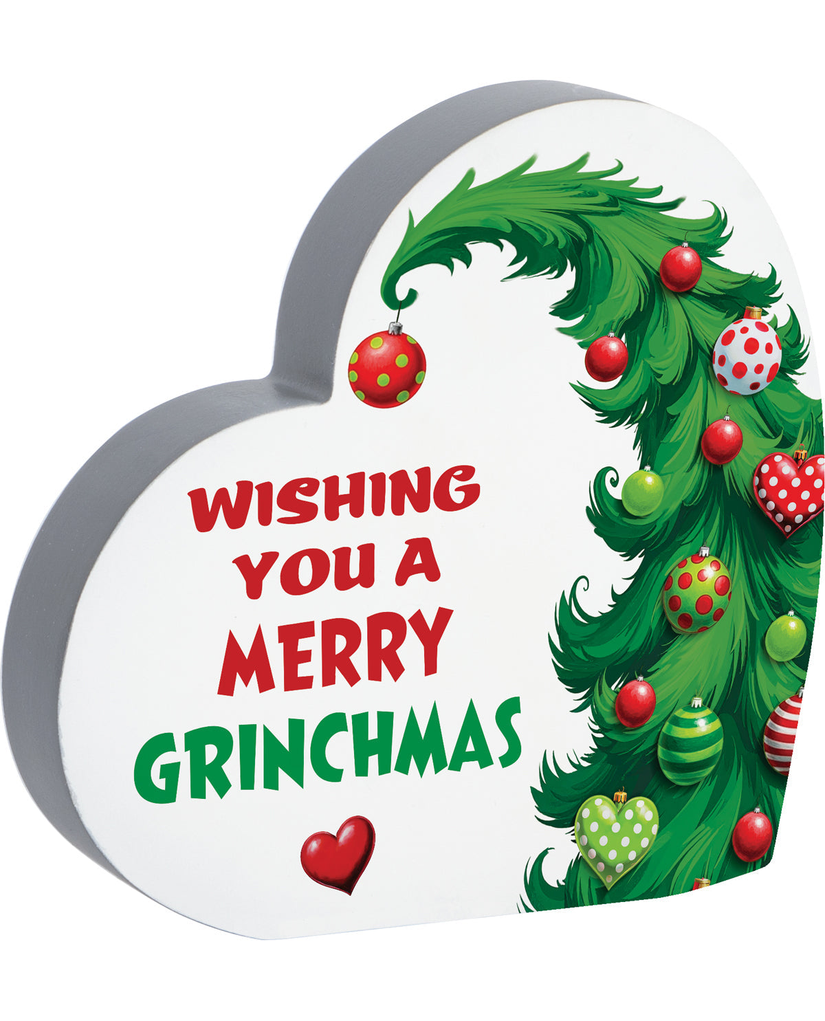 Heart-shaped ornament with Grinch-themed Christmas tree and text 'Wishing you a Merry Grinchmas' on a white background.