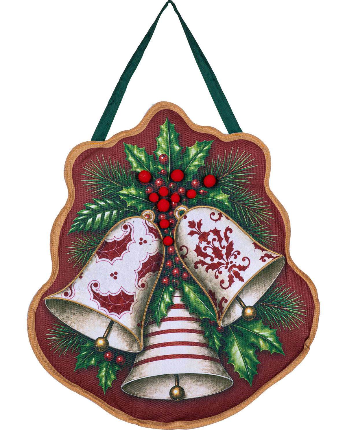 A scalloped wooden Christmas hanging ornament featuring three bells, green holly leaves, pine branches, and red berries on a dark red background, with a dark green hanging strap.
