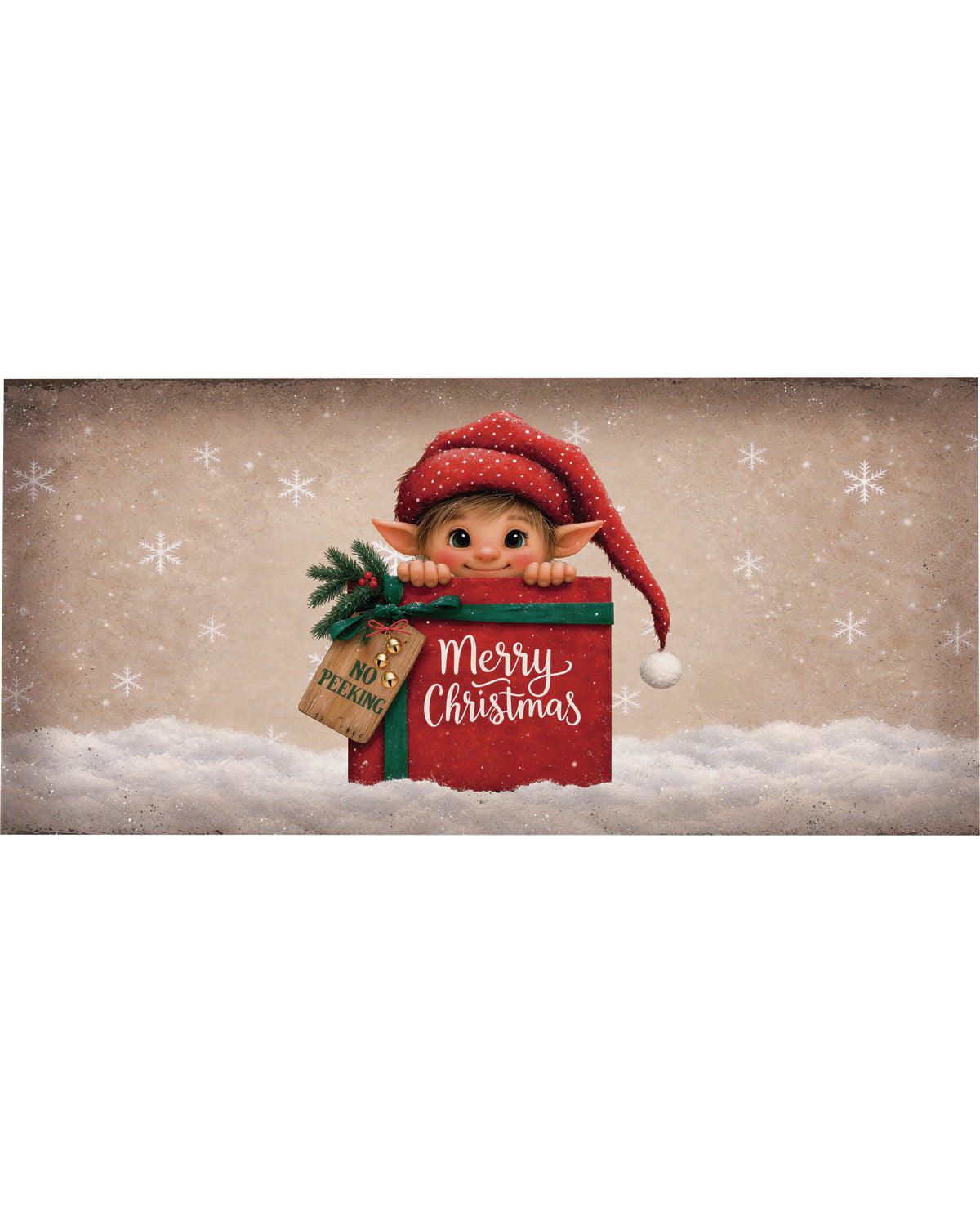 A festive Christmas-themed graphic with a small elf peeking out from a red gift box on a snowy white surface against a beige background with falling snowflakes. The gift box says 'Merry Christmas' in white script, and the elf wears a red hat with a white pom-pom.