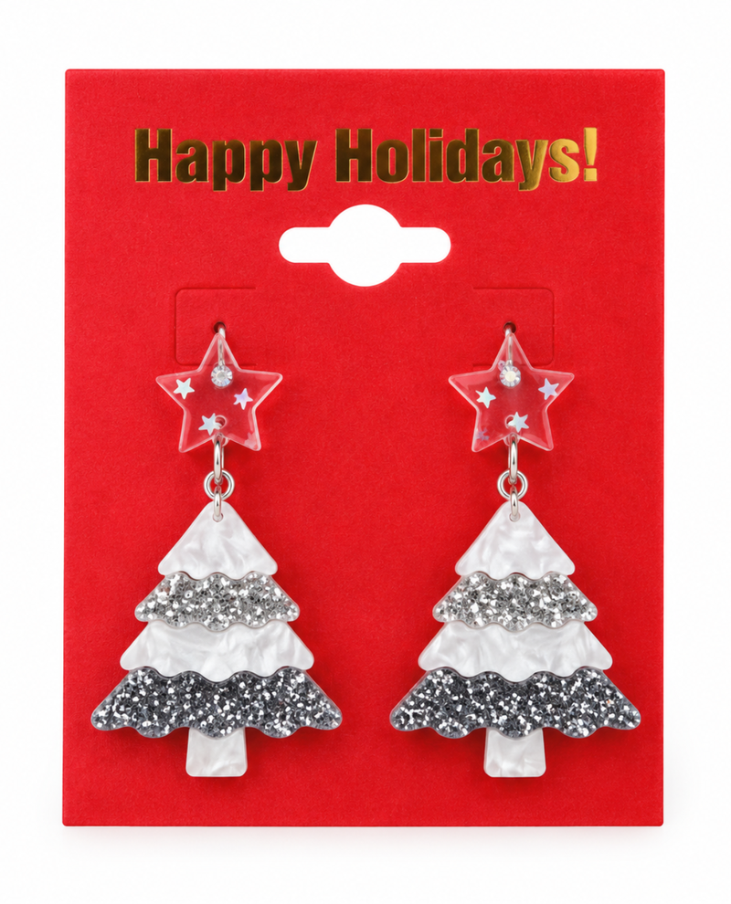 Silver Glitter Tree Earrings