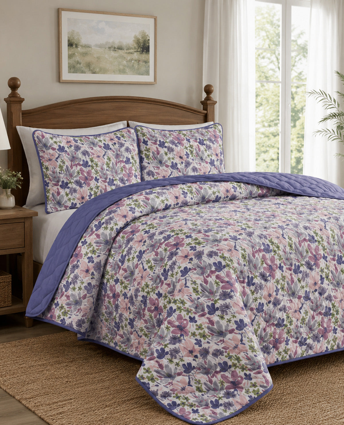 Serafina Floral Queen 3 Piece Quilt Set