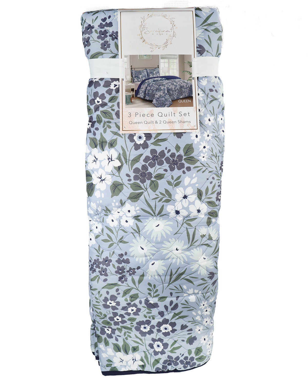 Serafina White & Blue 3 Piece Queen Quilt Set