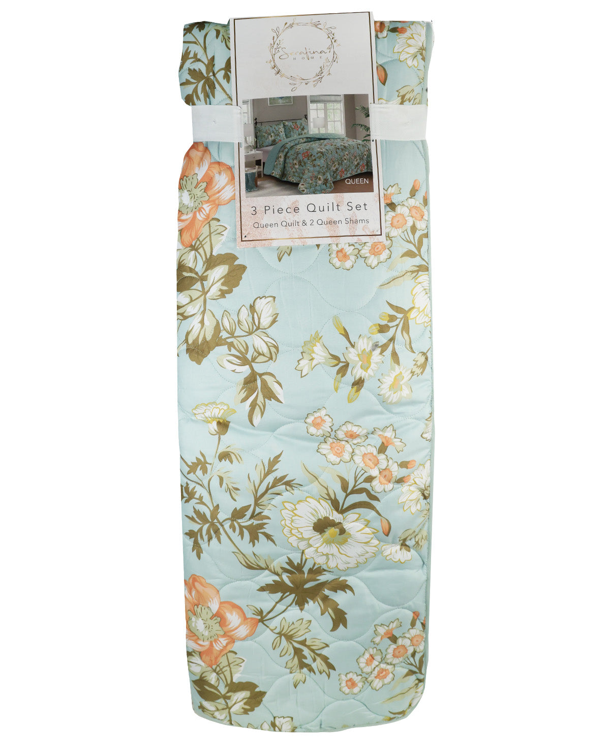 Serafina Sage Floral Queen 3 Piece Quilt Set