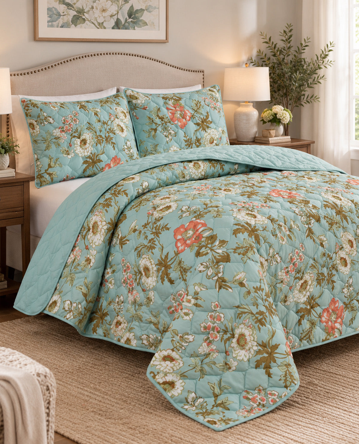 Serafina Sage Floral Queen 3 Piece Quilt Set