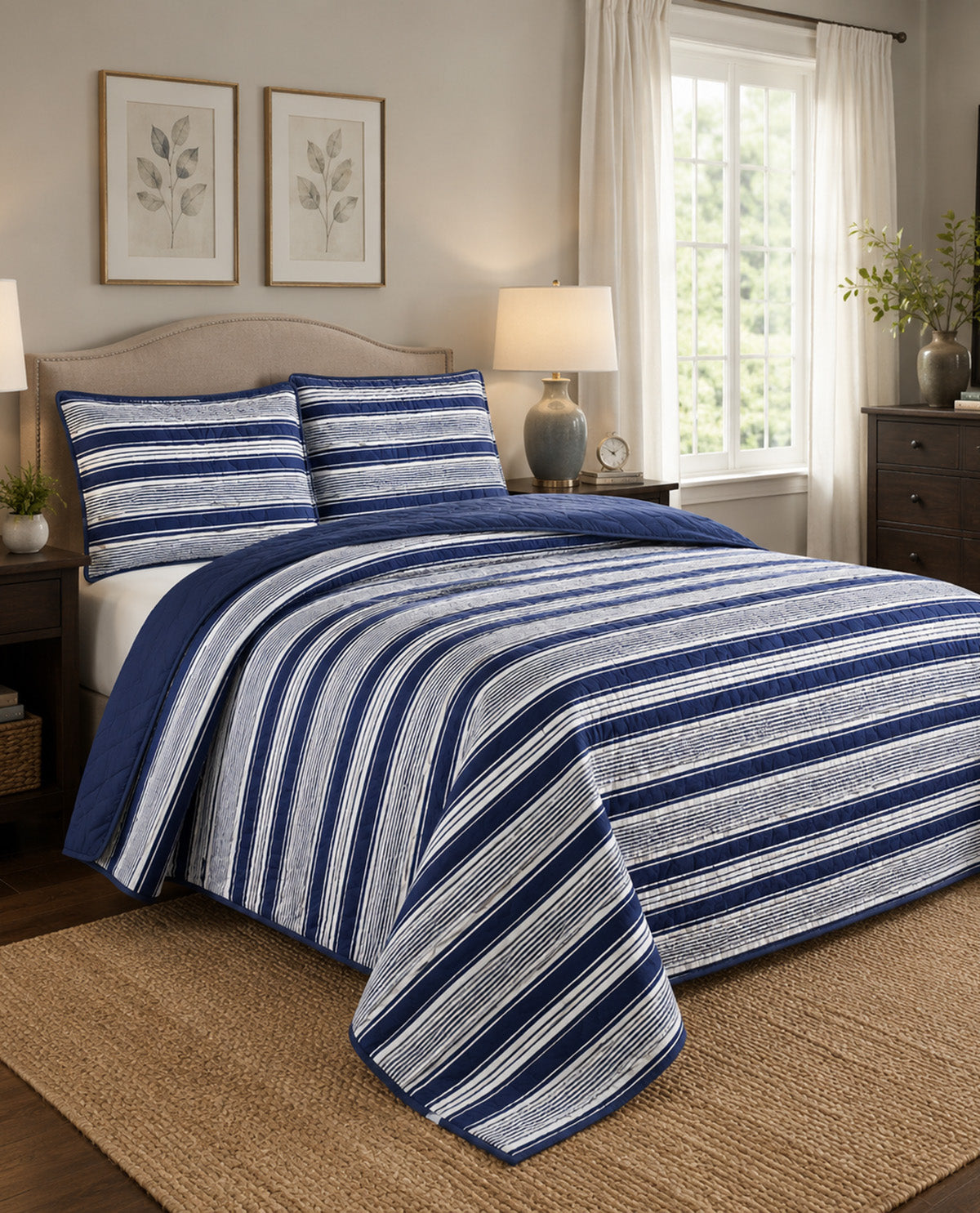 USPA 3 Piece Queen Blue Stripe Quilt Set