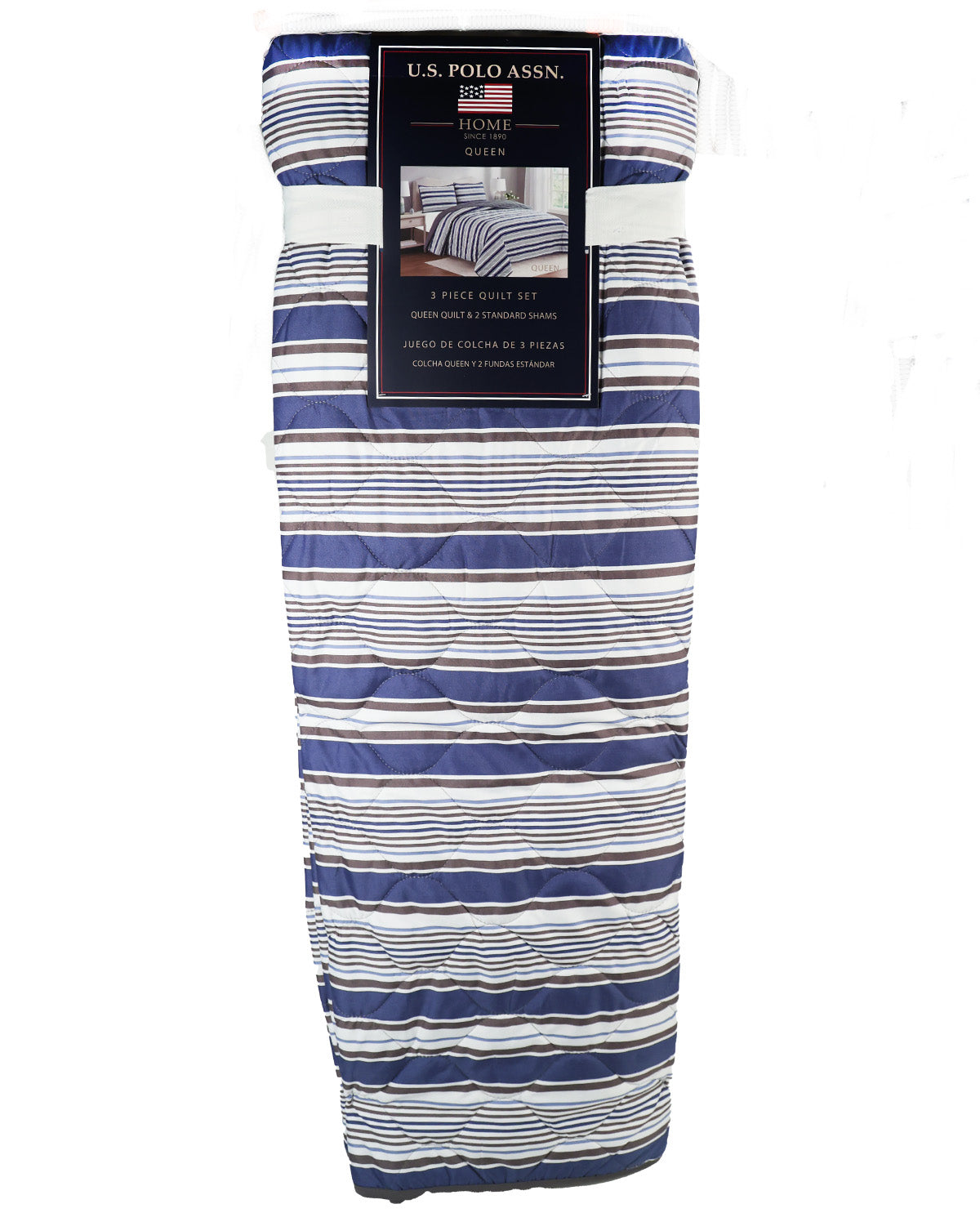 USPA 3 Piece Queen Blue Stripe Quilt Set
