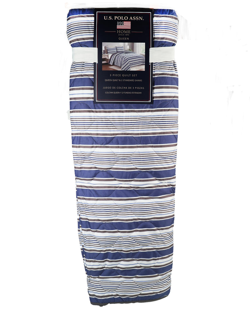 USPA 3 Piece Queen Blue Stripe Quilt Set