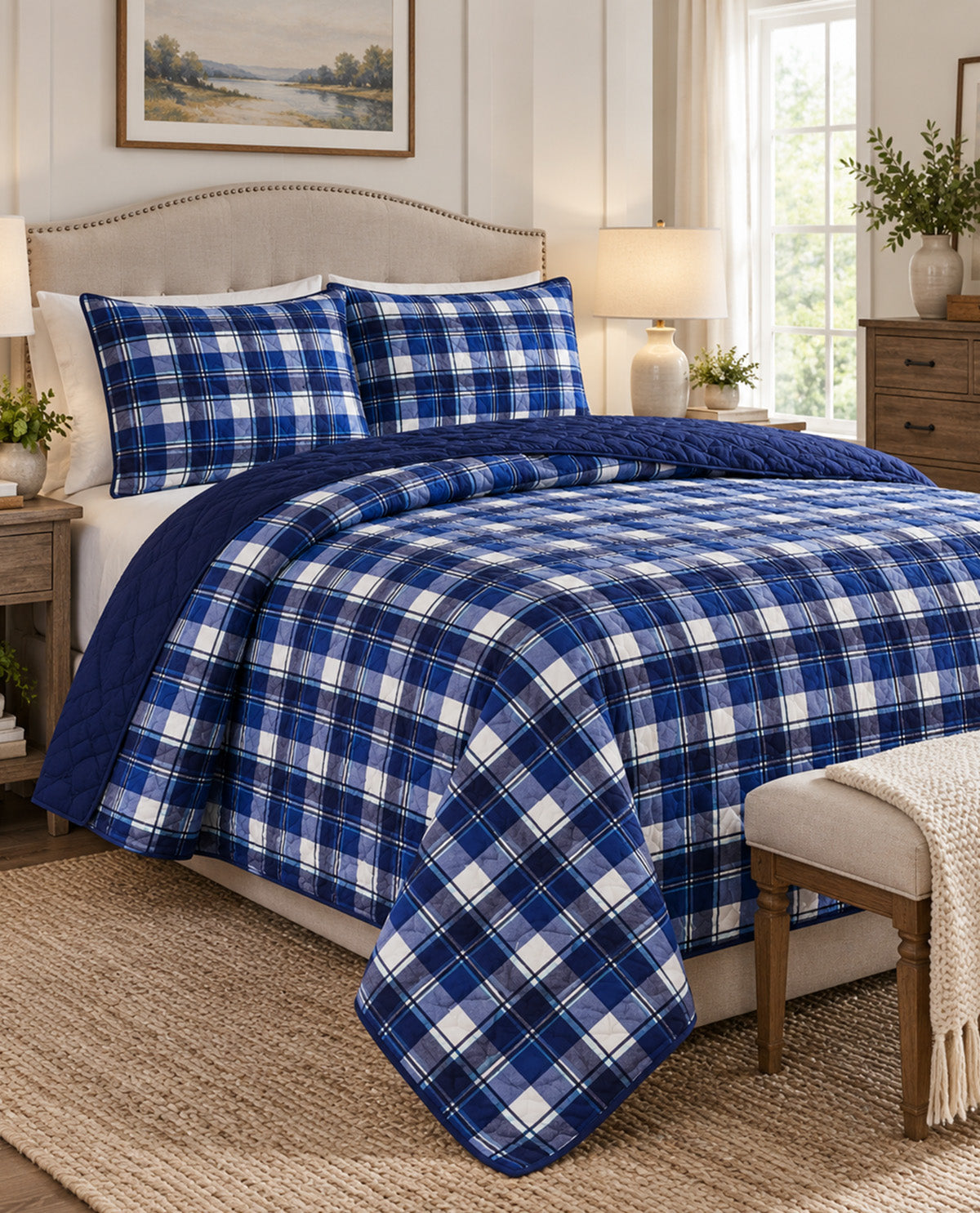 USPA King Calvin Plaid 3 Piece Quilt Set