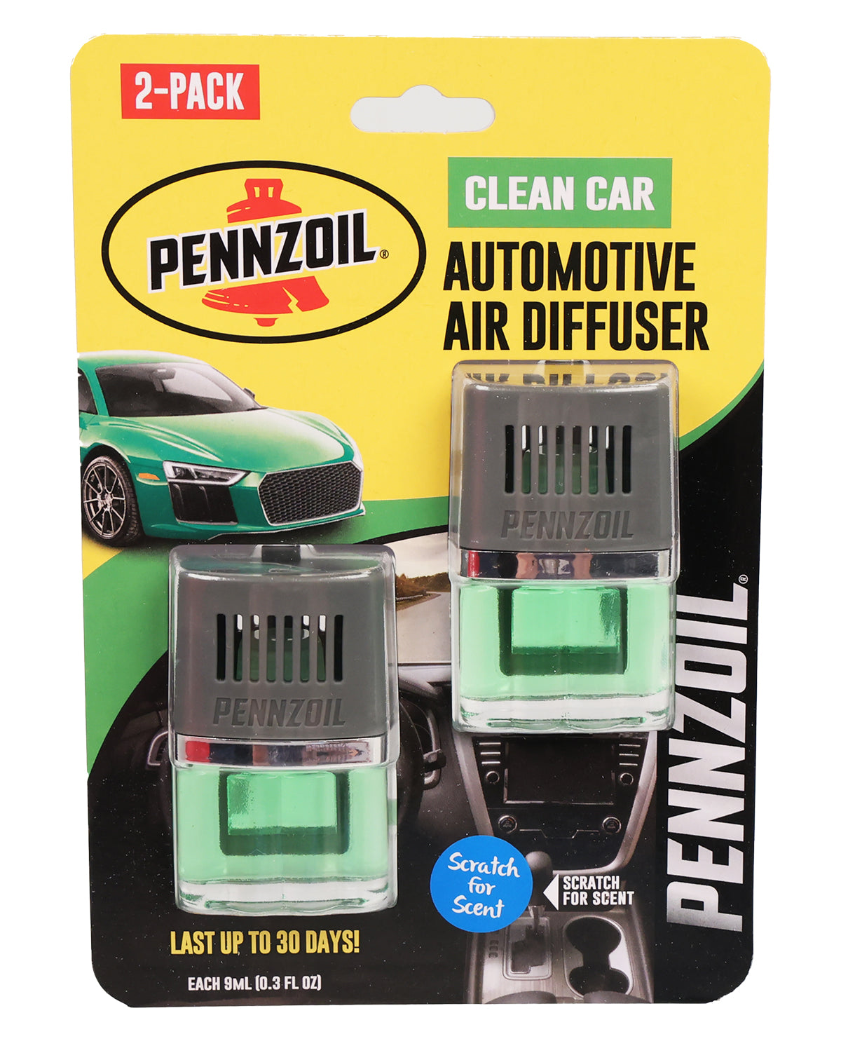 Pennzoil automotive air diffuser packaging with two diffusers on a yellow and black background.