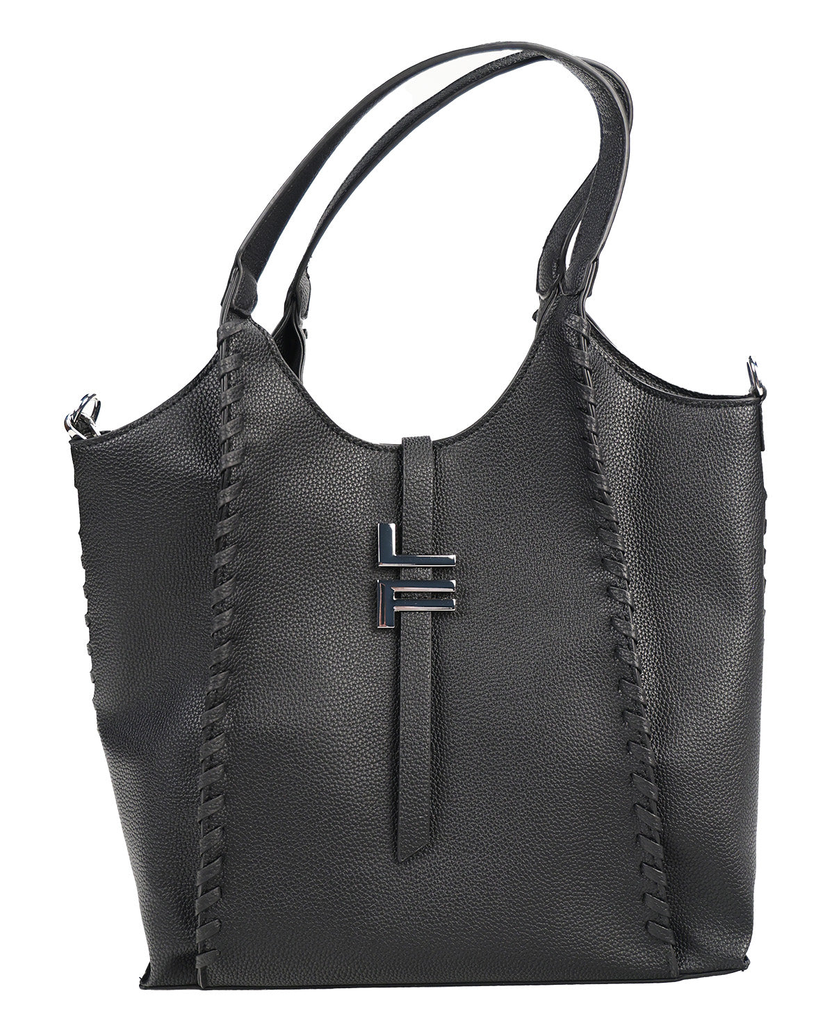 Black leather handbag with whipstitch