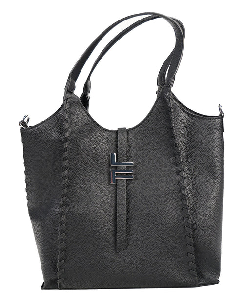 Black leather handbag with whipstitch