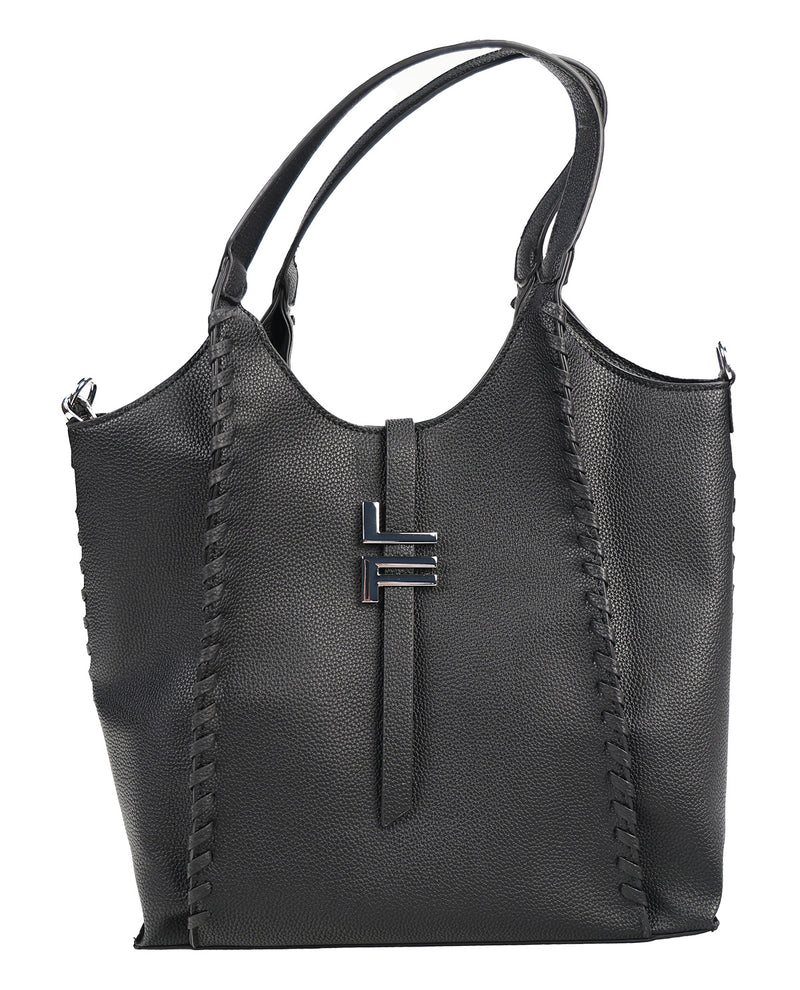 Black leather handbag with whipstitch