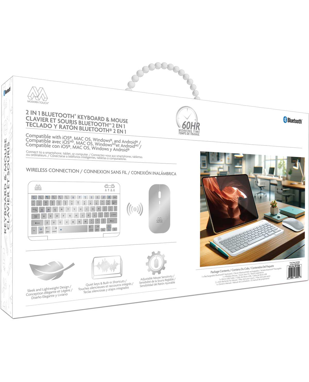 White retail packaging box for a 2-in-1 Bluetooth keyboard and mouse set, shown at a slight angle on a white background. The box features product illustrations, compatibility text, and a lifestyle photo of the keyboard and mouse on a desk.
