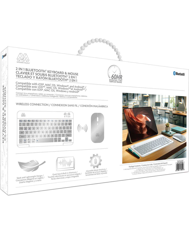 White retail packaging box for a 2-in-1 Bluetooth keyboard and mouse set, shown at a slight angle on a white background. The box features product illustrations, compatibility text, and a lifestyle photo of the keyboard and mouse on a desk.